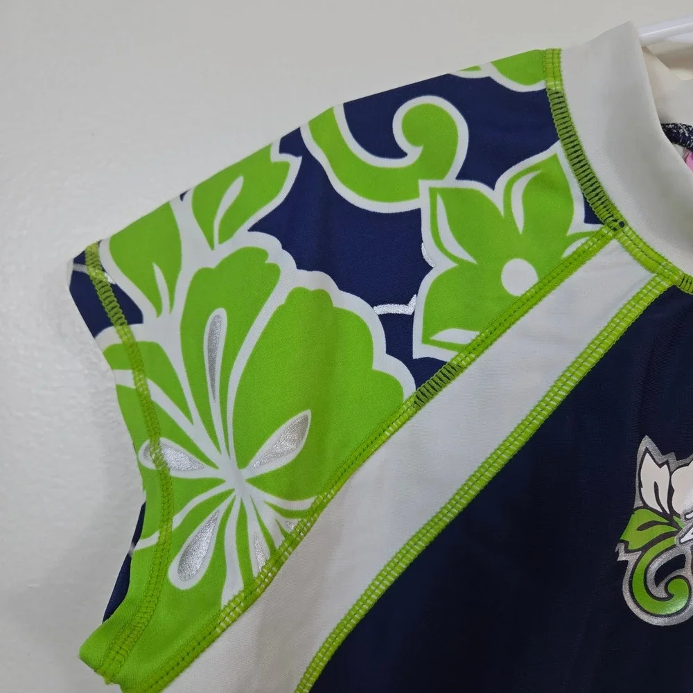 ZeroXposur Girls Navy Green Tropical Short Sleeve Y2K Beach Rash Guard 16 Floral
